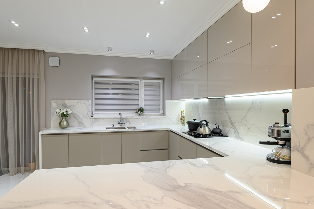 Luxury white modern marble kitchen in studio space